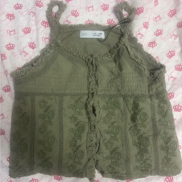 Zara Tops - Zara Olive Green Embroidered Fringe Tank Women's size 10 NWOT